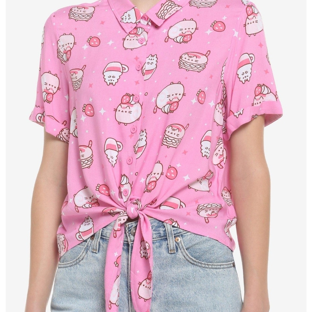 Pusheen Pink Sweets Tie-Front Woven Button Up